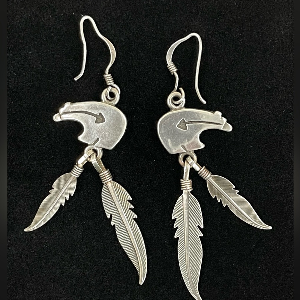 Vintage Sterling silver Zuni Bear with Feather Dangle Earrings